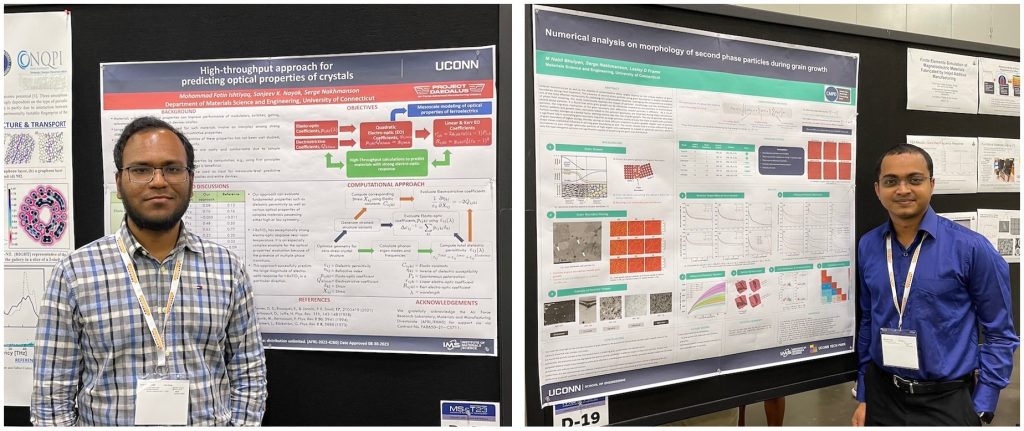 Two photographs arranged side-by-side showing CMCD group members Fatin Ishtiyaq and Nabil Bhuiyan standing near their conference posters.