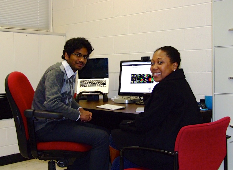 CMCD group members Krishna Pitike and Lydie Louis sitting at a computer desk in the group office room.